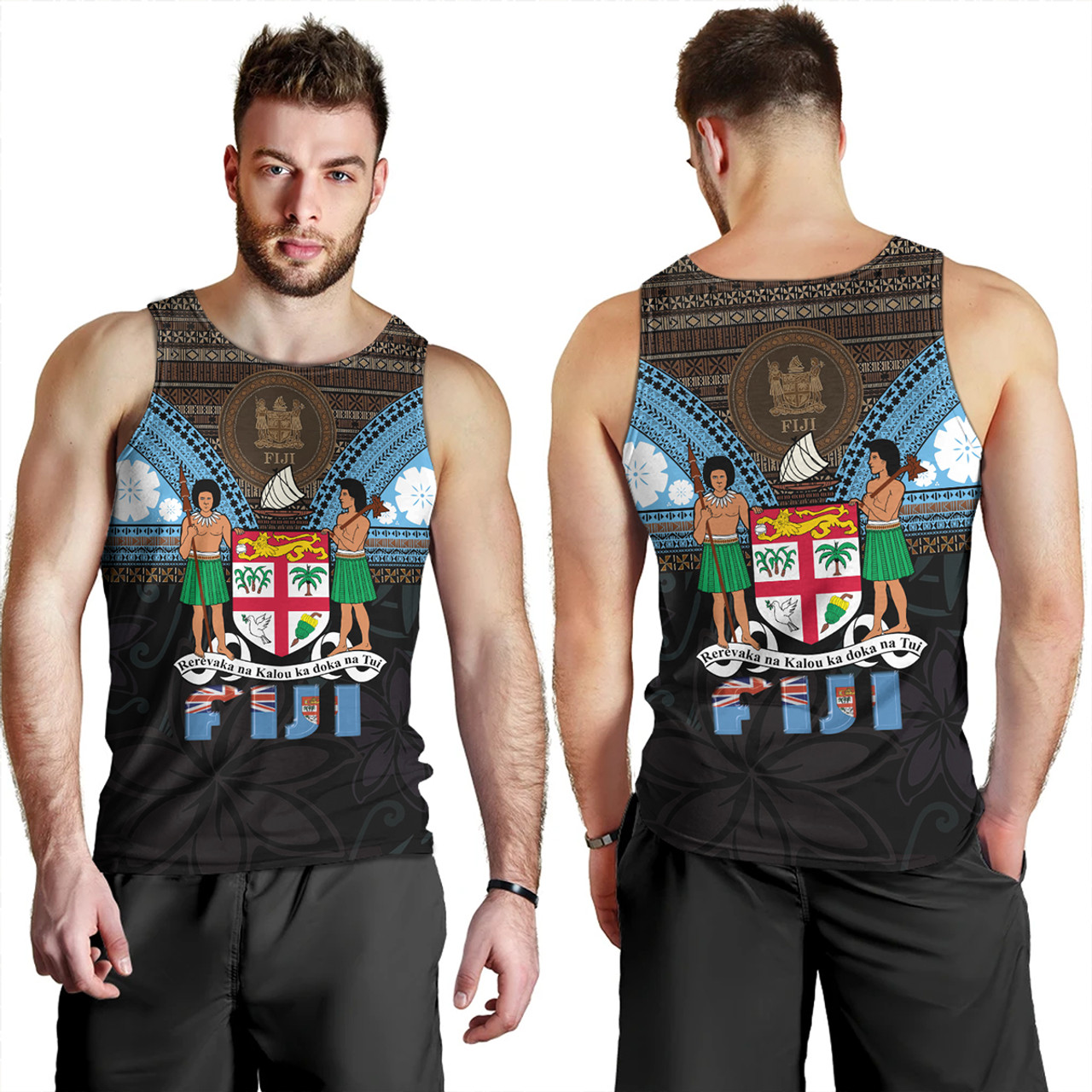 Fiji Tank Top Fiji Brown Masi Design With Coat Of Arms Tribal Half Black