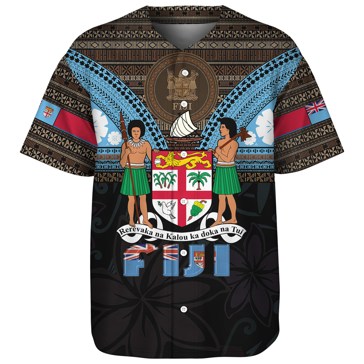 Fiji Baseball Shirt Fiji Brown Masi Design With Coat Of Arms Tribal Half Black