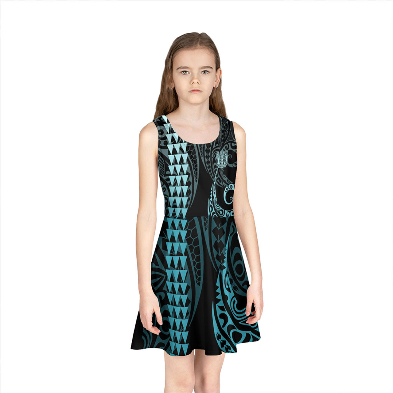 New Zealand Girls Sleeveless Sundress Kakau Style Turquoise