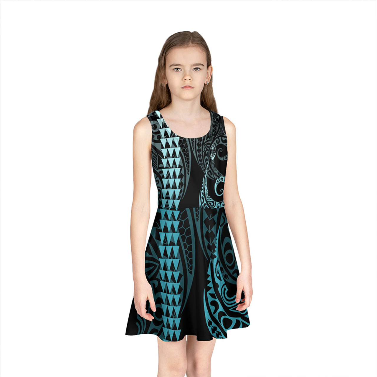 Guam Girls Sleeveless Sundress Kakau Style Turquoise