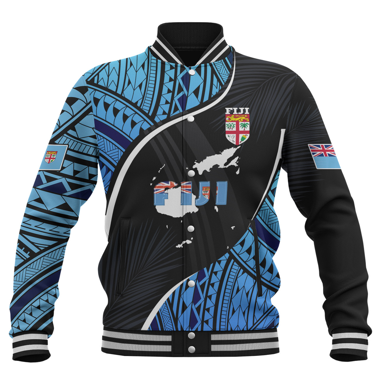 Fiji Baseball Jacket Fiji Map With Coat Of Arms Polynesian Tatau Half Black