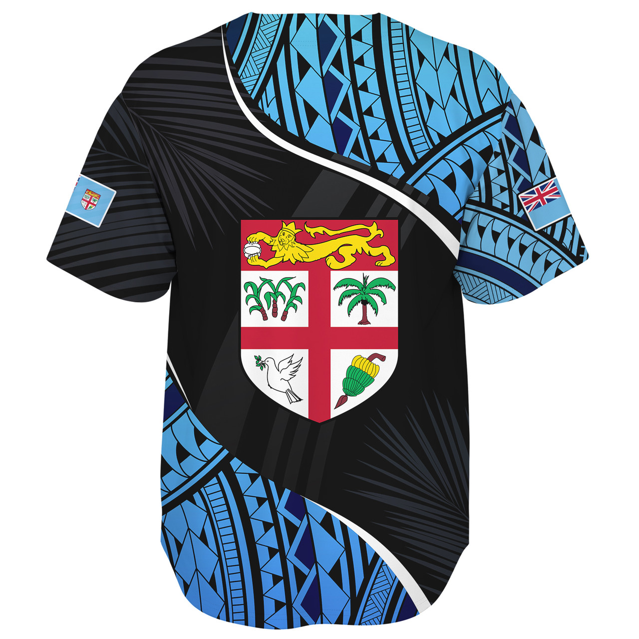Fiji Baseball Shirt Fiji Map With Coat Of Arms Polynesian Tatau Half Black