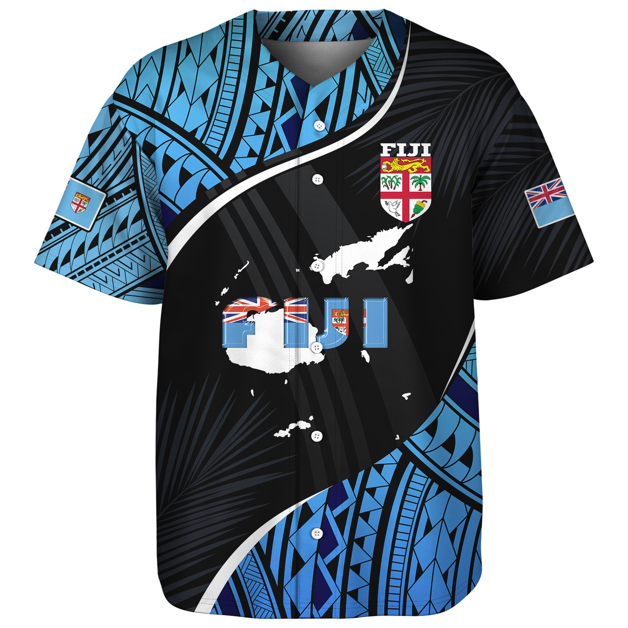 Fiji Baseball Shirt Fiji Map With Coat Of Arms Polynesian Tatau Half Black