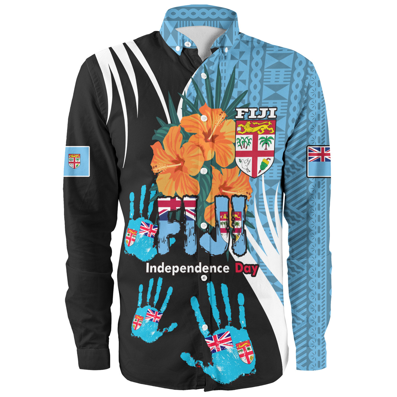 Fiji Long Sleeve Shirt Fiji Day The Bula Spirit Fijian Hand Print Tapa Pattern Tropical Flowers