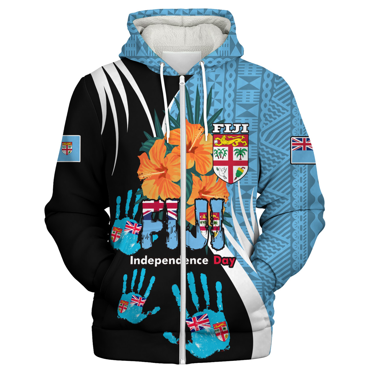 Fiji Sherpa Hoodie Fiji Day The Bula Spirit Fijian Hand Print Tapa Pattern Tropical Flowers