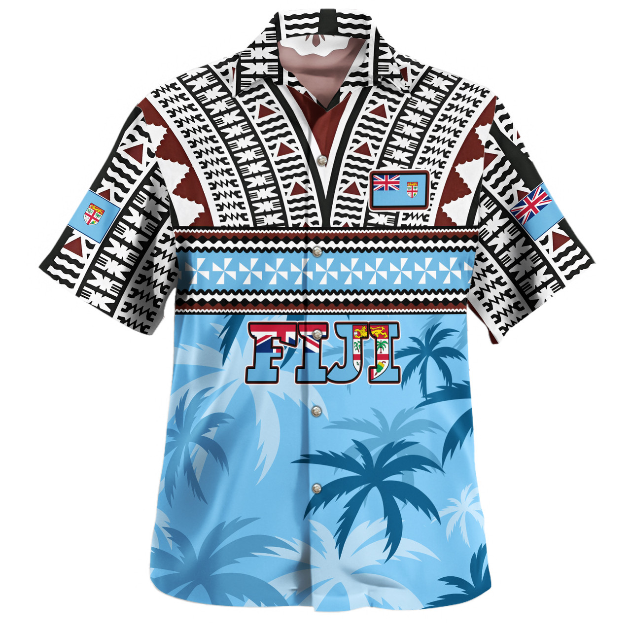 Fiji Hawaiian Shirt Fijian Tribal Masi Design With Tropical Palm Leaves