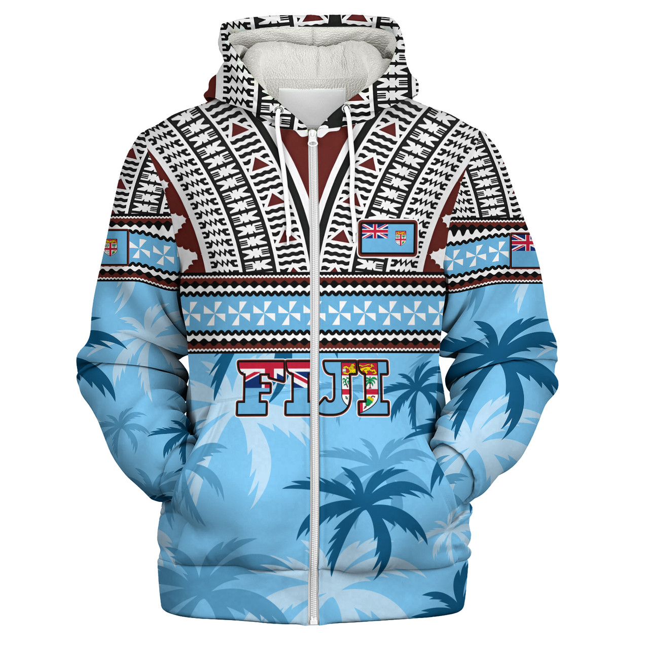 Fiji Sherpa Hoodie Fijian Tribal Masi Design With Tropical Palm Leaves