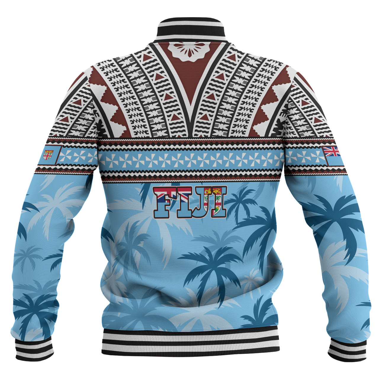 Fiji Baseball Jacket Fijian Tribal Masi Design With Tropical Palm Leaves