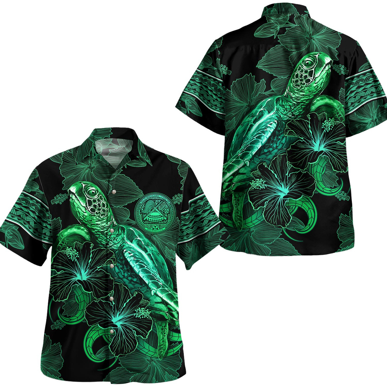 American Samoa Hawaiian Shirt  Sea Turtle With Blooming Hibiscus Flowers Tribal Green