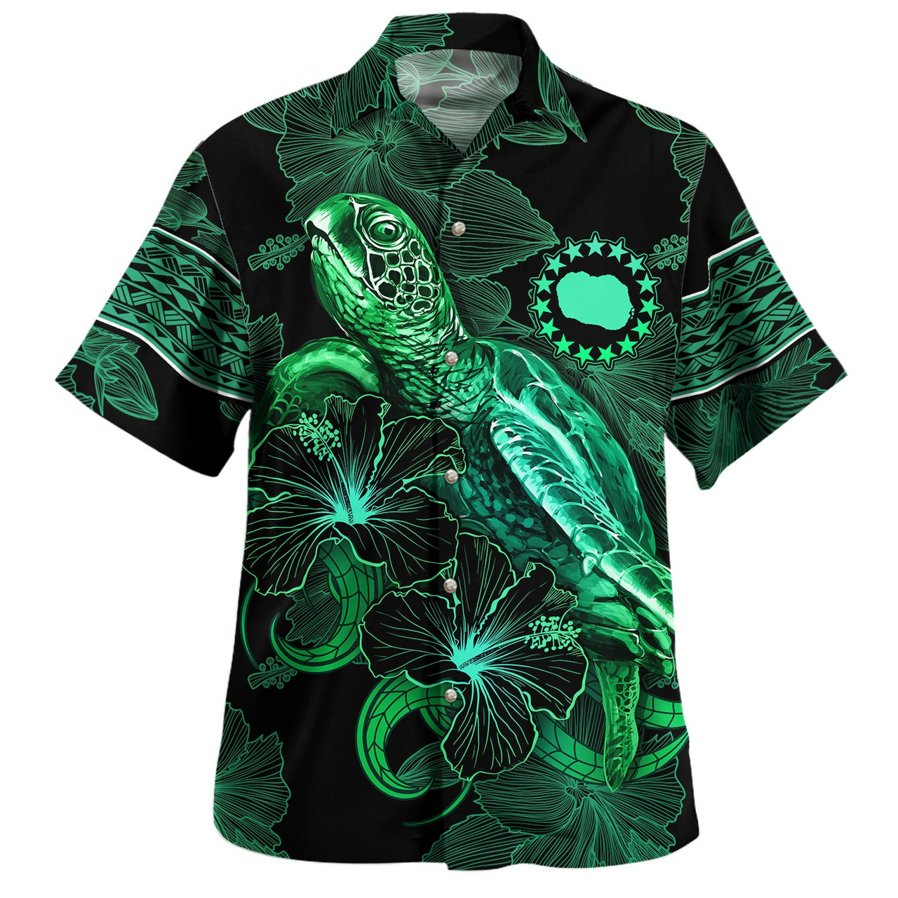 Cook Islands Hawaiian Shirt  Sea Turtle With Blooming Hibiscus Flowers Tribal Green