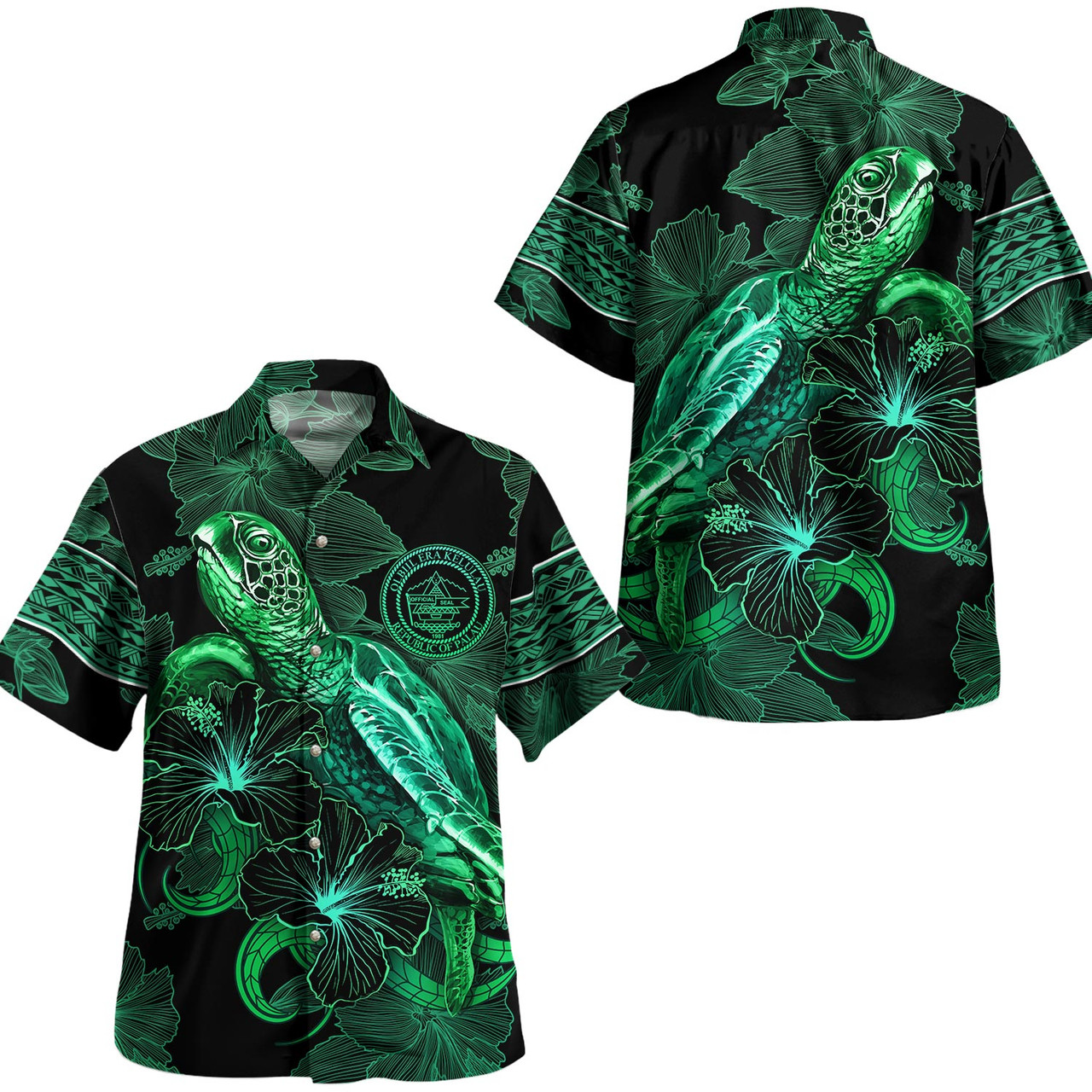 Palau Hawaiian Shirt  Sea Turtle With Blooming Hibiscus Flowers Tribal Green