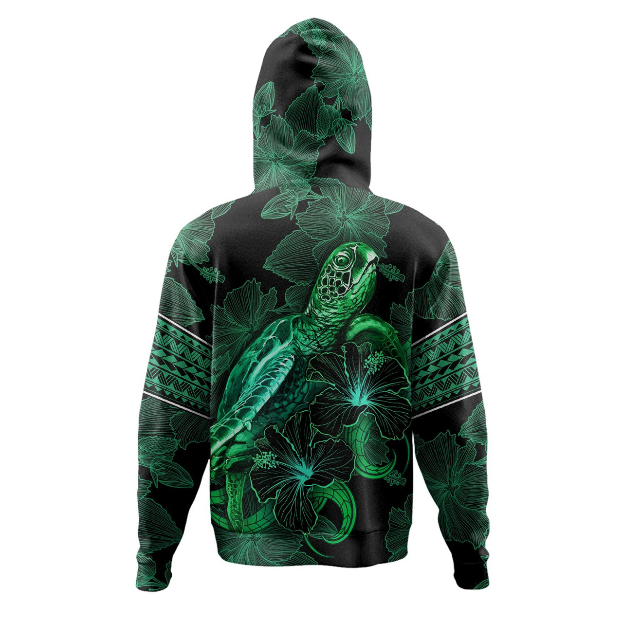 Tokelau Hoodie  Sea Turtle With Blooming Hibiscus Flowers Tribal Green