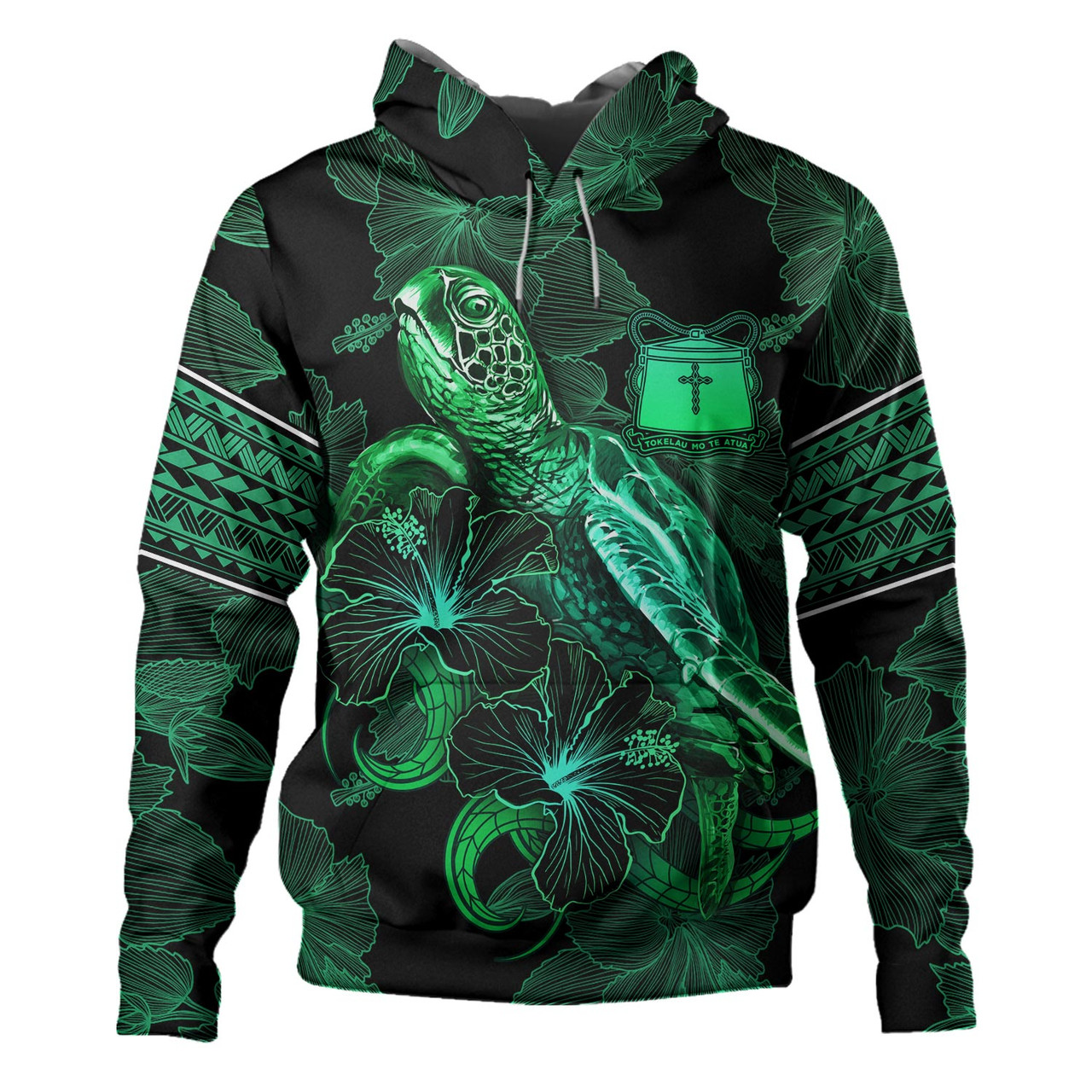 Tokelau Hoodie  Sea Turtle With Blooming Hibiscus Flowers Tribal Green