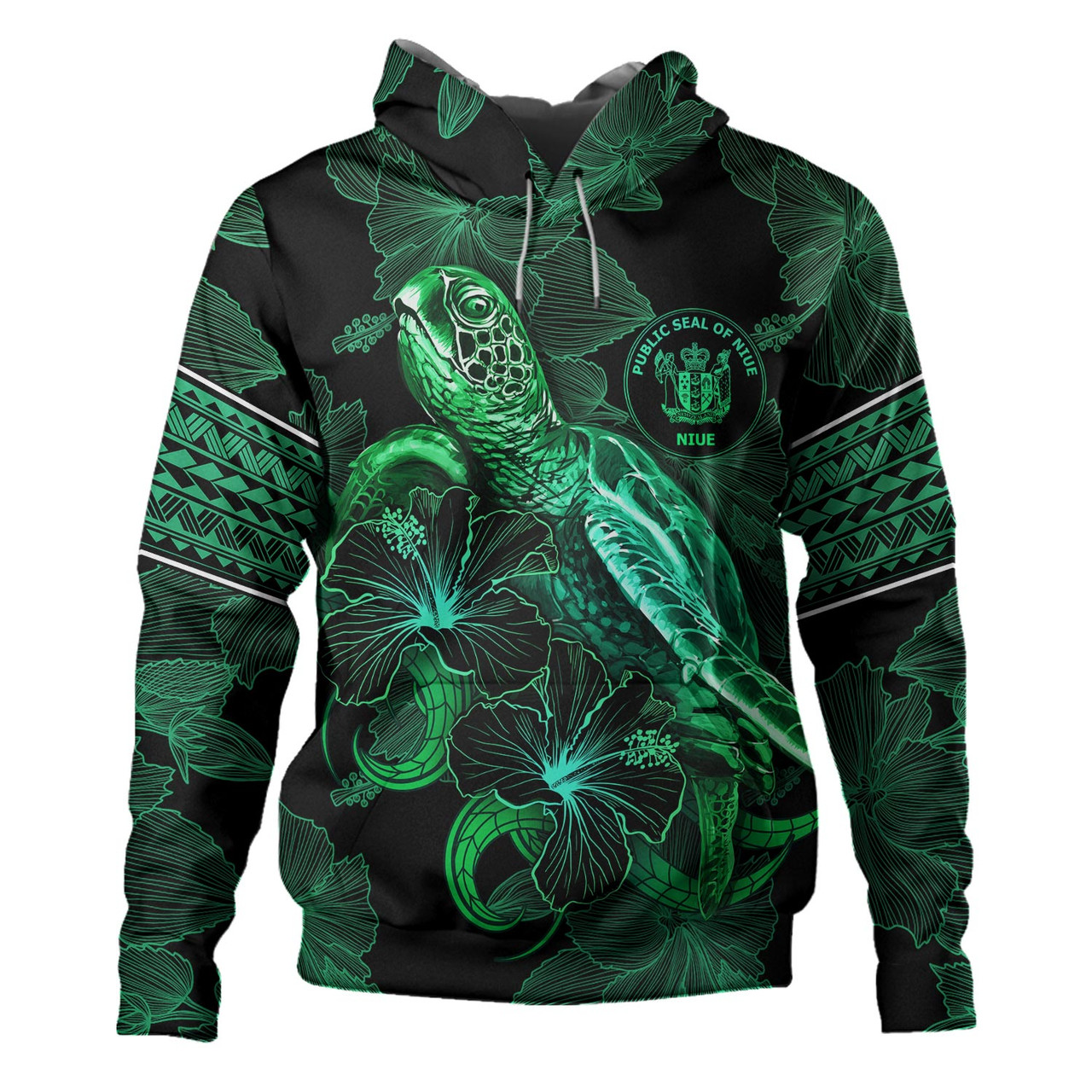 Niue Hoodie  Sea Turtle With Blooming Hibiscus Flowers Tribal Green