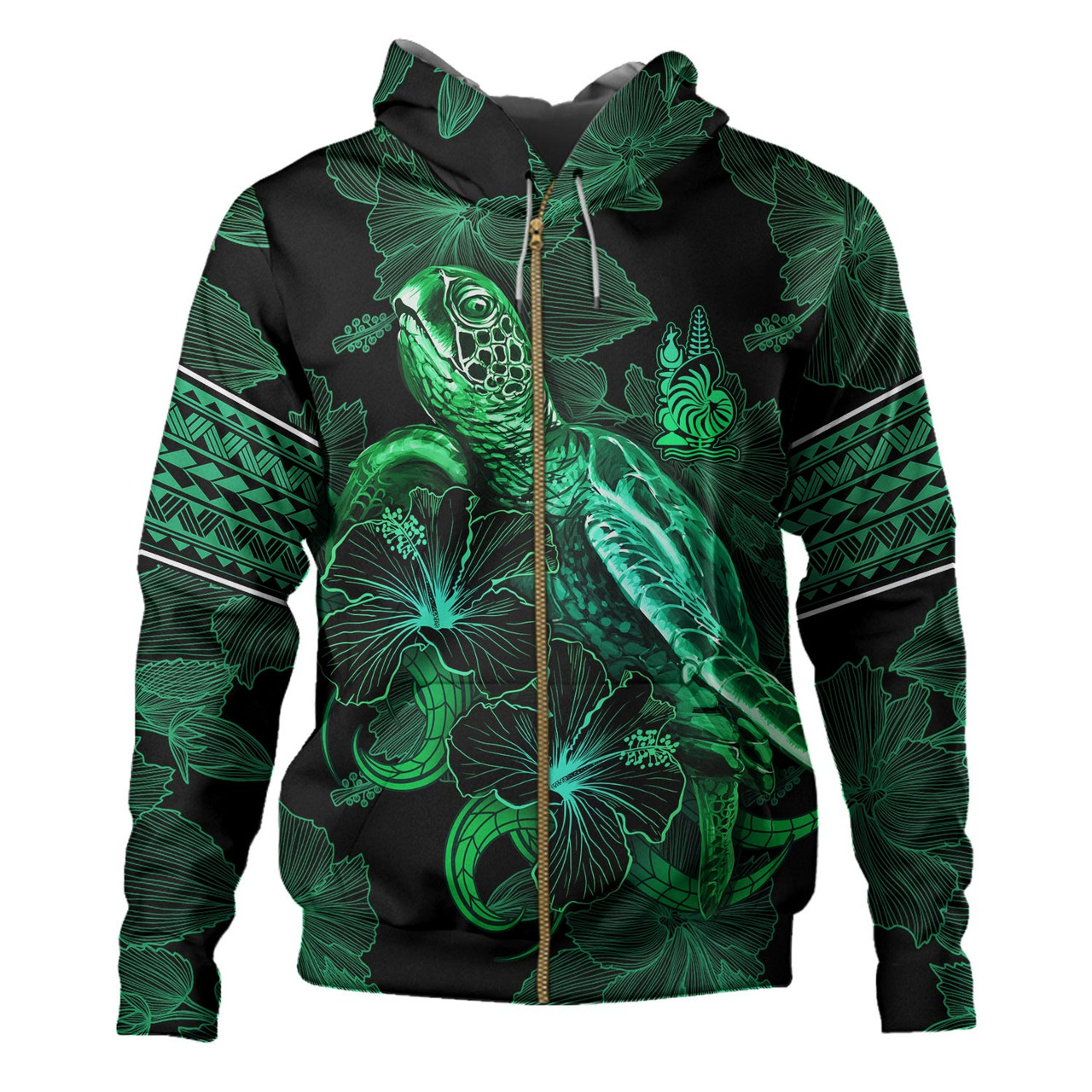 New Caledonia Hoodie  Sea Turtle With Blooming Hibiscus Flowers Tribal Green