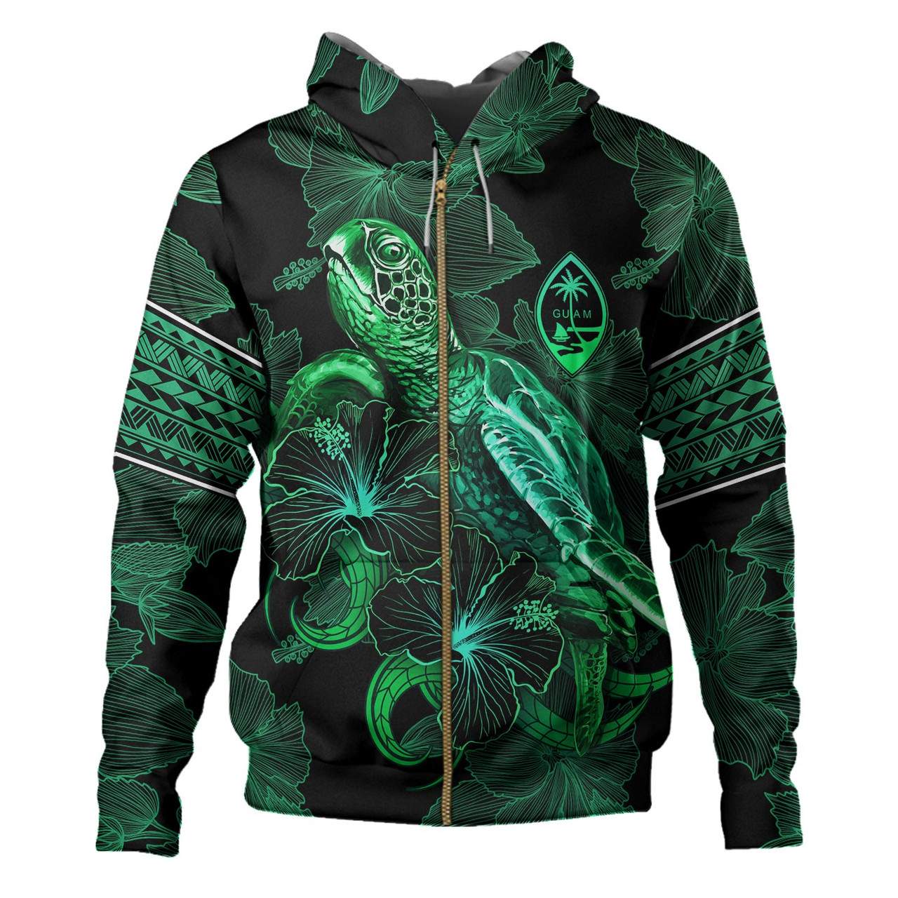 Guam Hoodie  Sea Turtle With Blooming Hibiscus Flowers Tribal Green