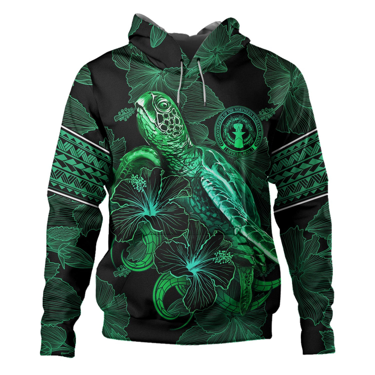 Northern Mariana Islands Hoodie  Sea Turtle With Blooming Hibiscus Flowers Tribal Green