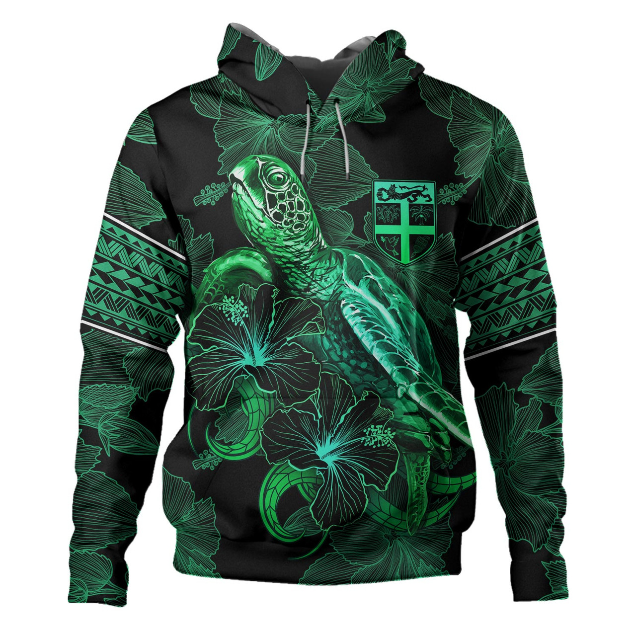 Fiji Hoodie  Sea Turtle With Blooming Hibiscus Flowers Tribal Green