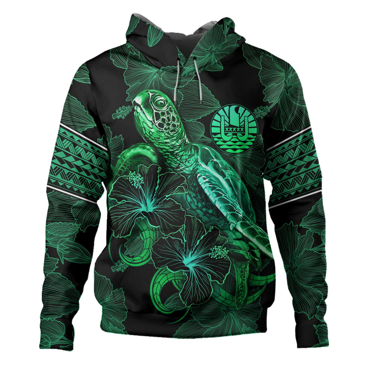 Tahiti Hoodie  Sea Turtle With Blooming Hibiscus Flowers Tribal Green