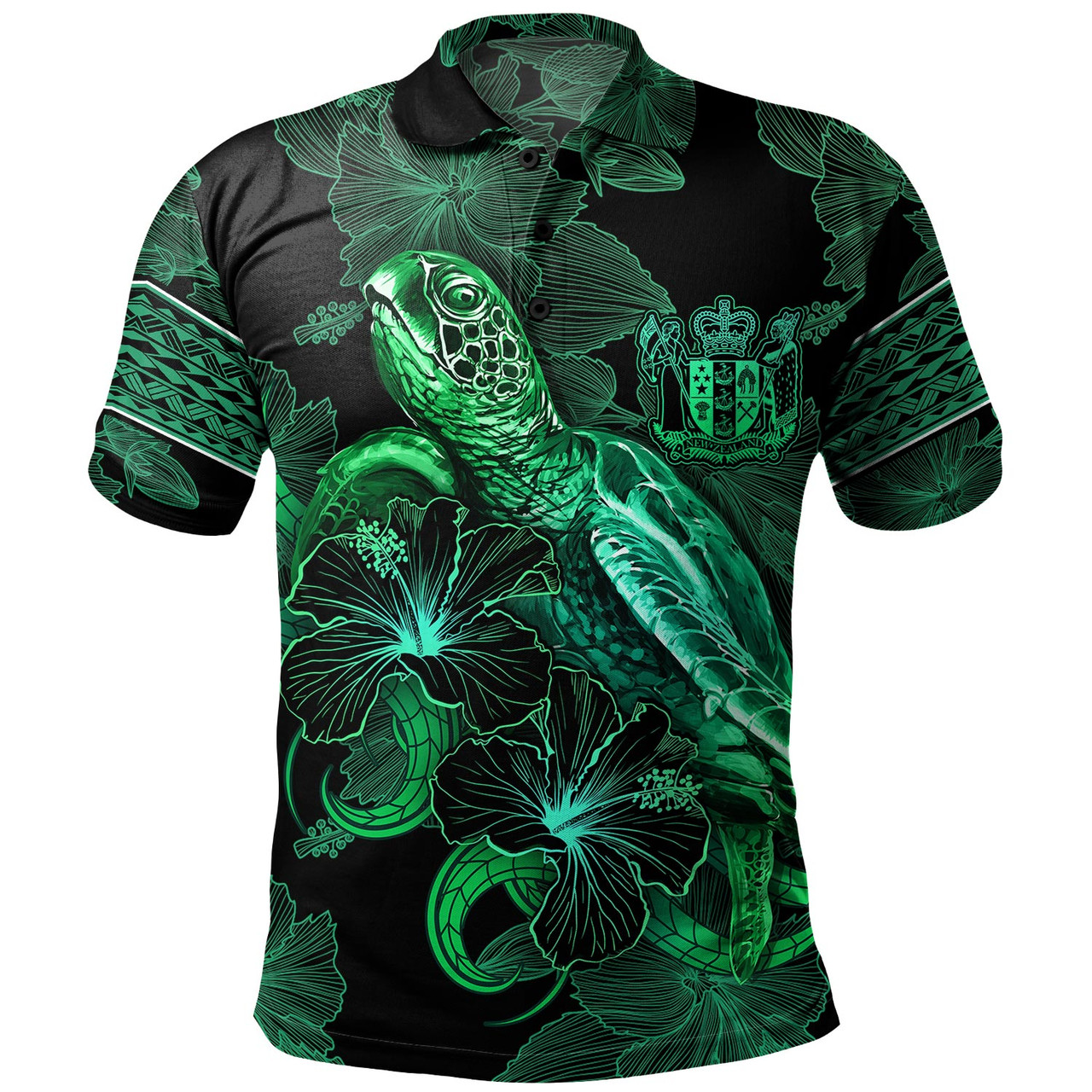 New Zealand Polo Shirt  Sea Turtle With Blooming Hibiscus Flowers Tribal Green