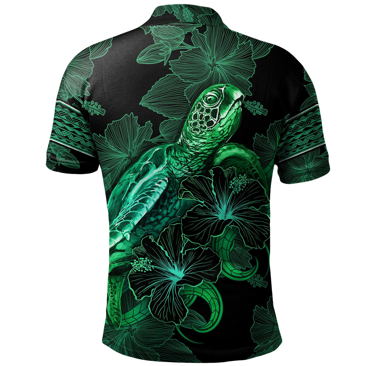 Cook Islands Polo Shirt  Sea Turtle With Blooming Hibiscus Flowers Tribal Green