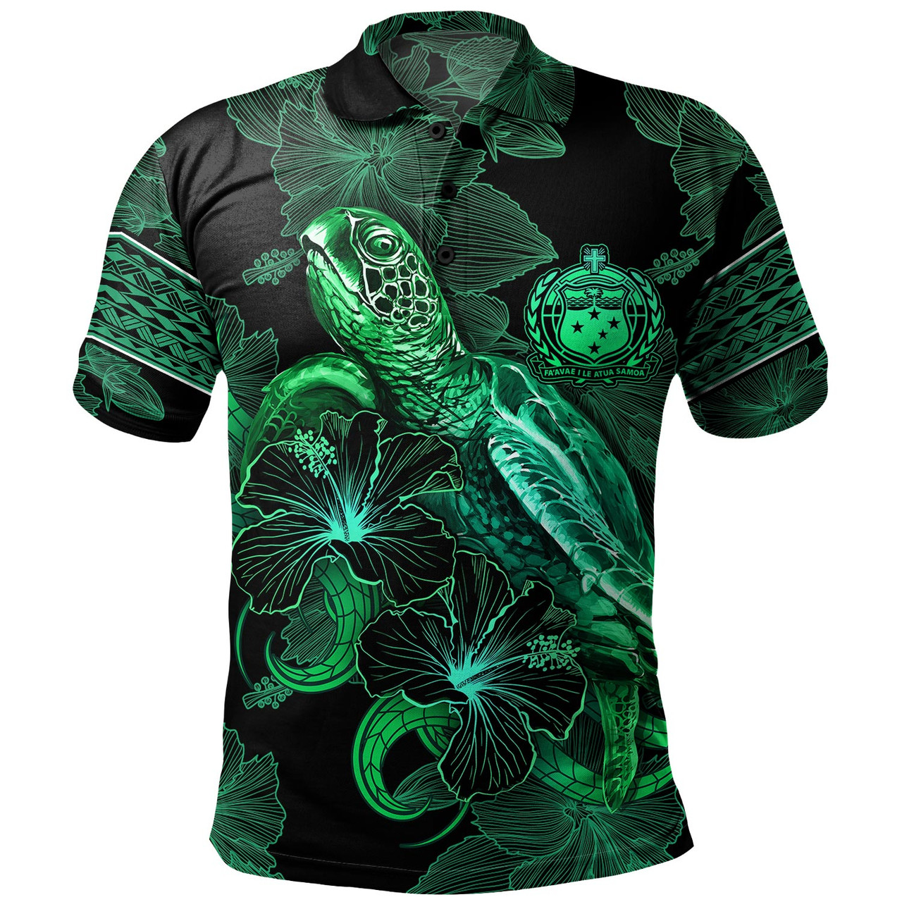 Samoa Polo Shirt  Sea Turtle With Blooming Hibiscus Flowers Tribal Green