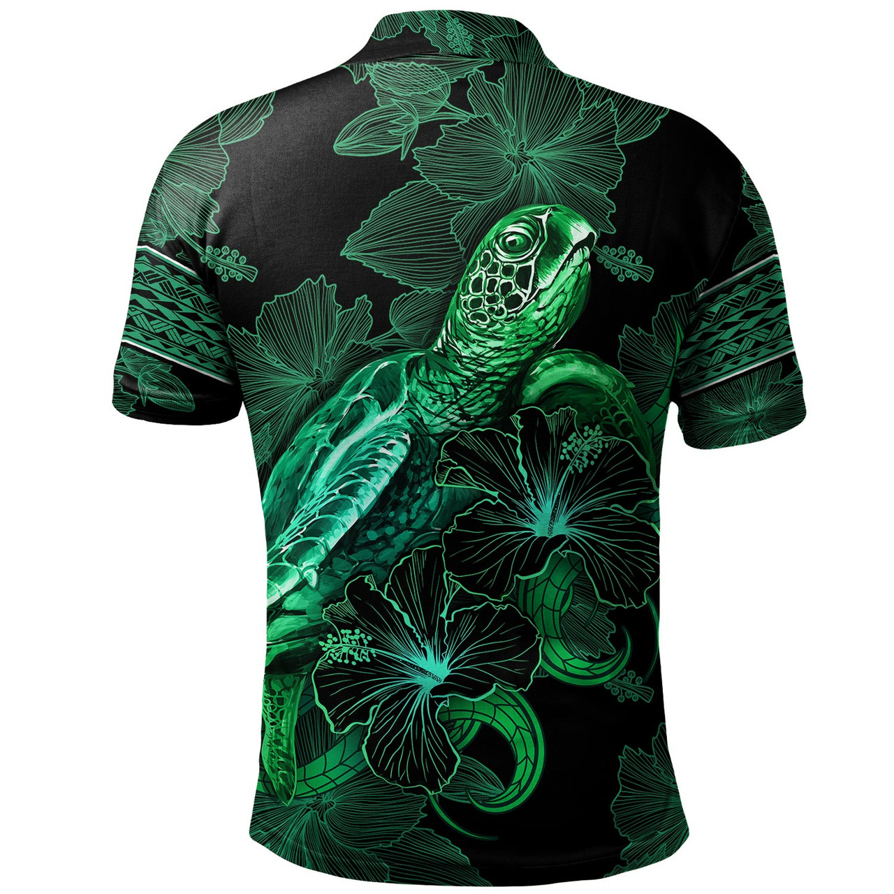 Federated States Of Micronesia Polo Shirt  Sea Turtle With Blooming Hibiscus Flowers Tribal Green