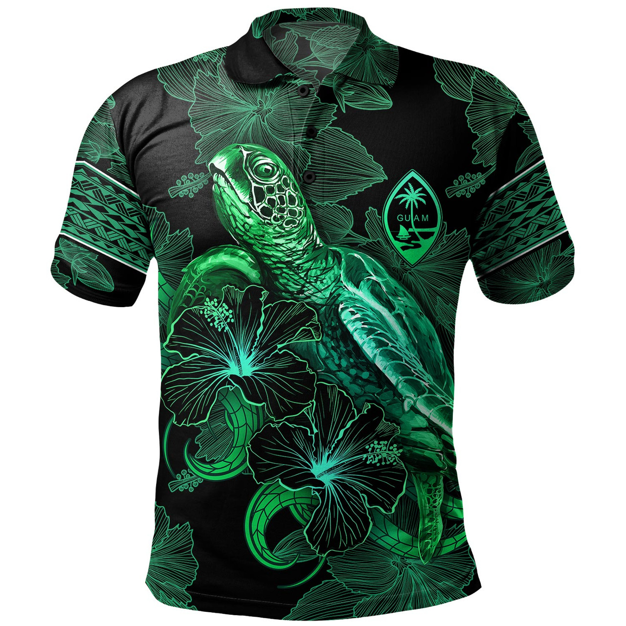 Guam Polo Shirt  Sea Turtle With Blooming Hibiscus Flowers Tribal Green