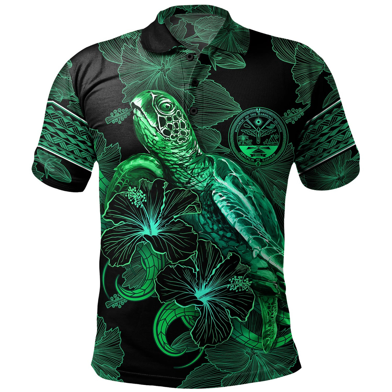 Marshall Islands Polo Shirt  Sea Turtle With Blooming Hibiscus Flowers Tribal Green