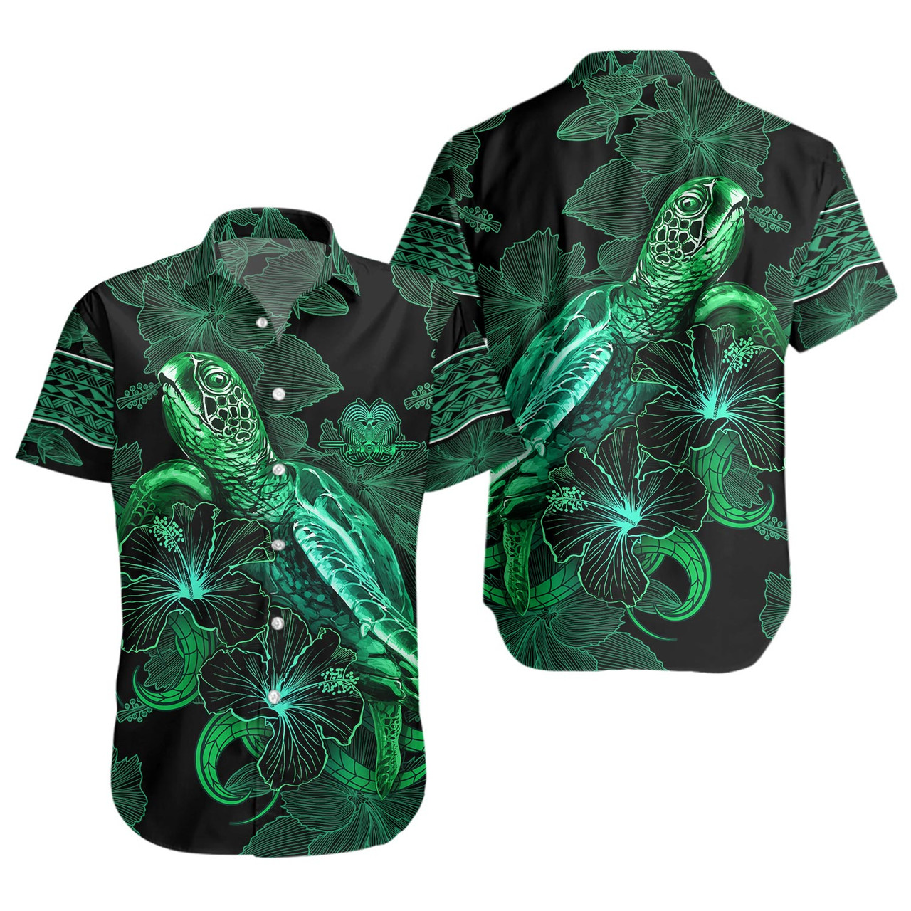 Papua New Guinea Short Sleeve Shirt  Sea Turtle With Blooming Hibiscus Flowers Tribal Green