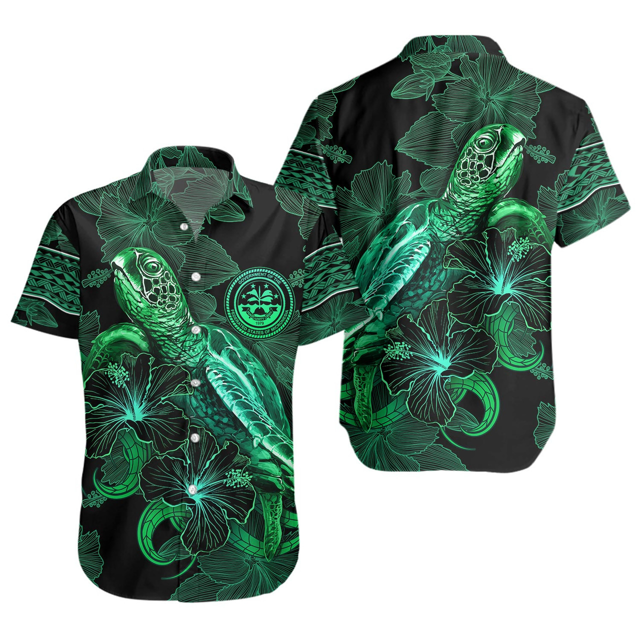 Federated States Of Micronesia Short Sleeve Shirt  Sea Turtle With Blooming Hibiscus Flowers Tribal Green