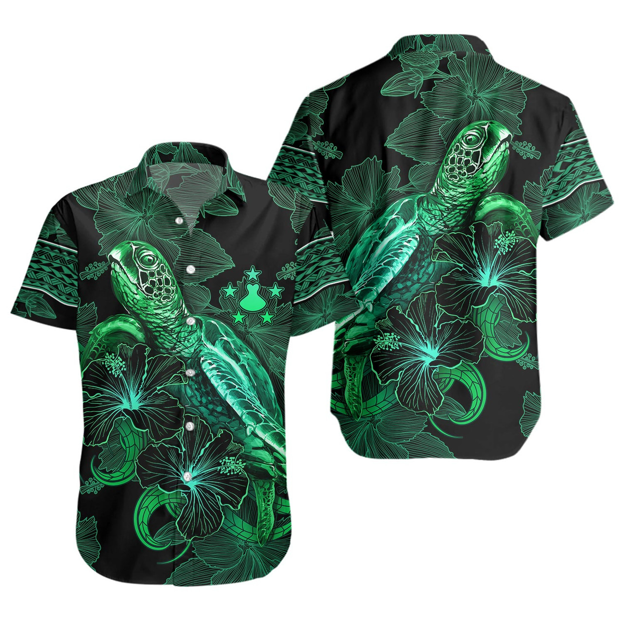 Austral Islands Short Sleeve Shirt  Sea Turtle With Blooming Hibiscus Flowers Tribal Green
