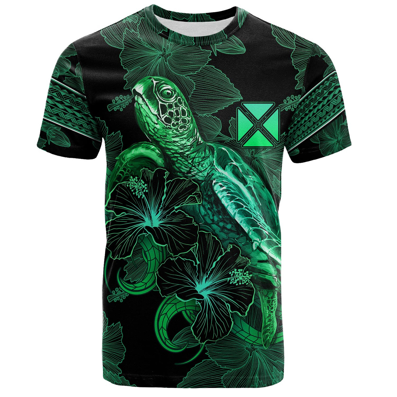 Wallis And Futuna T-Shirt  Sea Turtle With Blooming Hibiscus Flowers Tribal Green