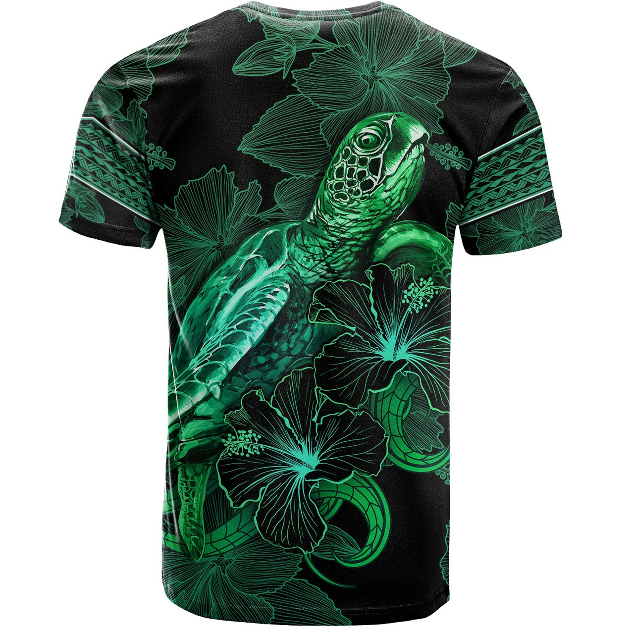 Wallis And Futuna T-Shirt  Sea Turtle With Blooming Hibiscus Flowers Tribal Green