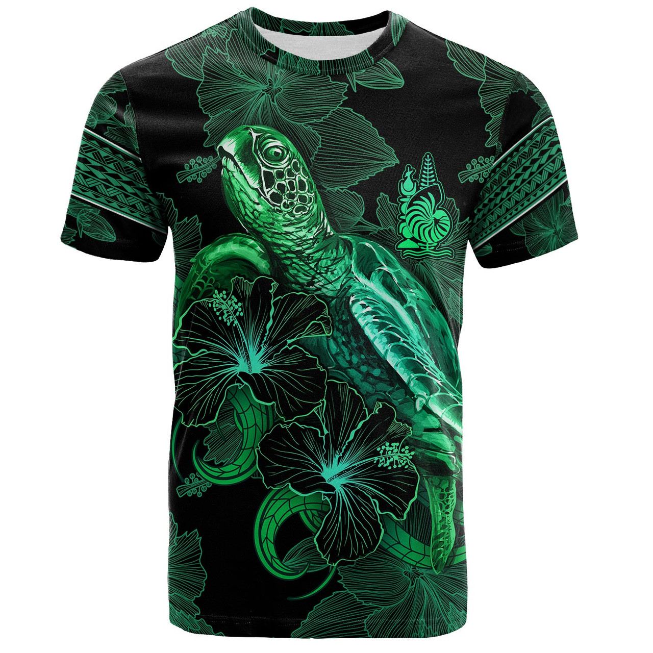 New Caledonia T-Shirt  Sea Turtle With Blooming Hibiscus Flowers Tribal Green