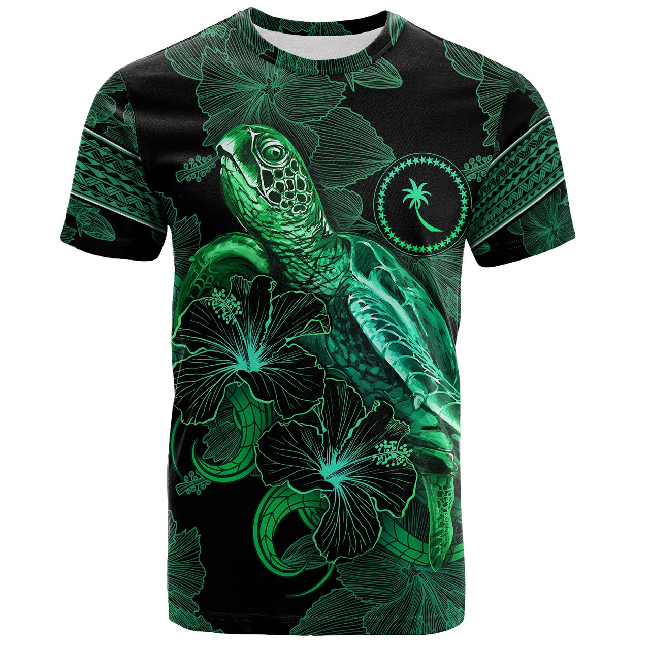 Chuuk State T-Shirt  Sea Turtle With Blooming Hibiscus Flowers Tribal Green