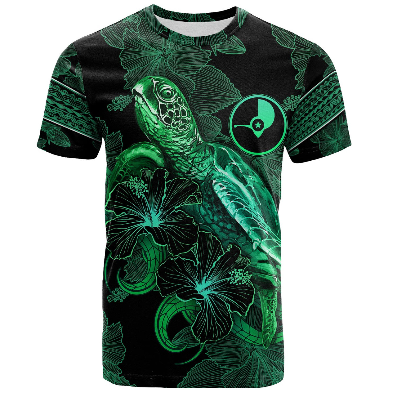 Yap State T-Shirt  Sea Turtle With Blooming Hibiscus Flowers Tribal Green