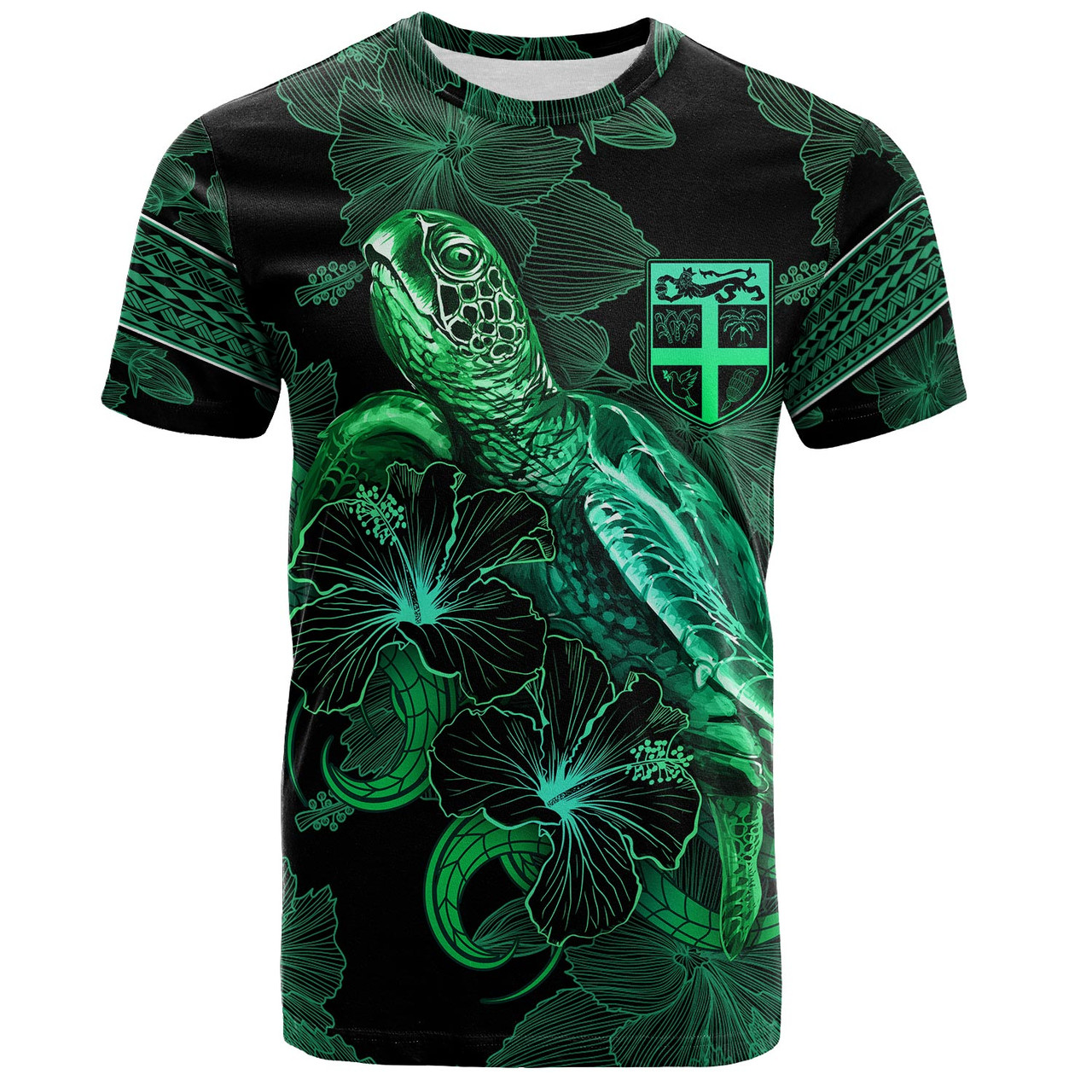 Fiji T-Shirt  Sea Turtle With Blooming Hibiscus Flowers Tribal Green