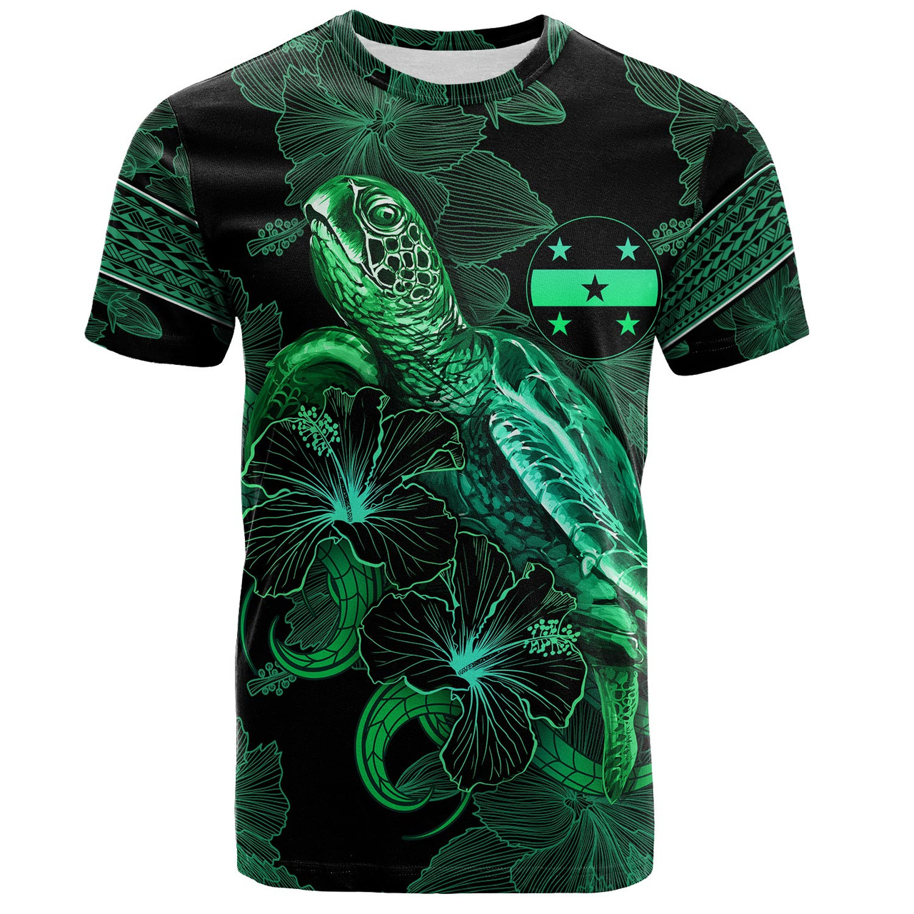 Gambier Islands T-Shirt  Sea Turtle With Blooming Hibiscus Flowers Tribal Green