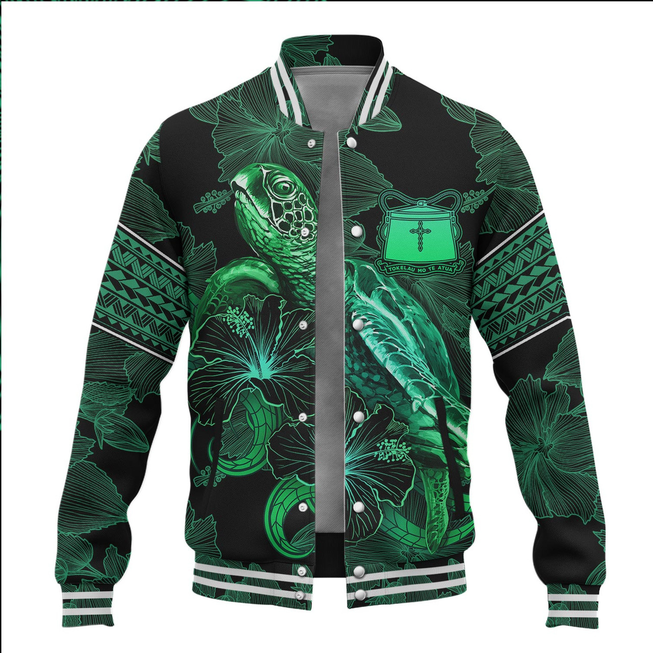 Tokelau Baseball Jacket  Sea Turtle With Blooming Hibiscus Flowers Tribal Green