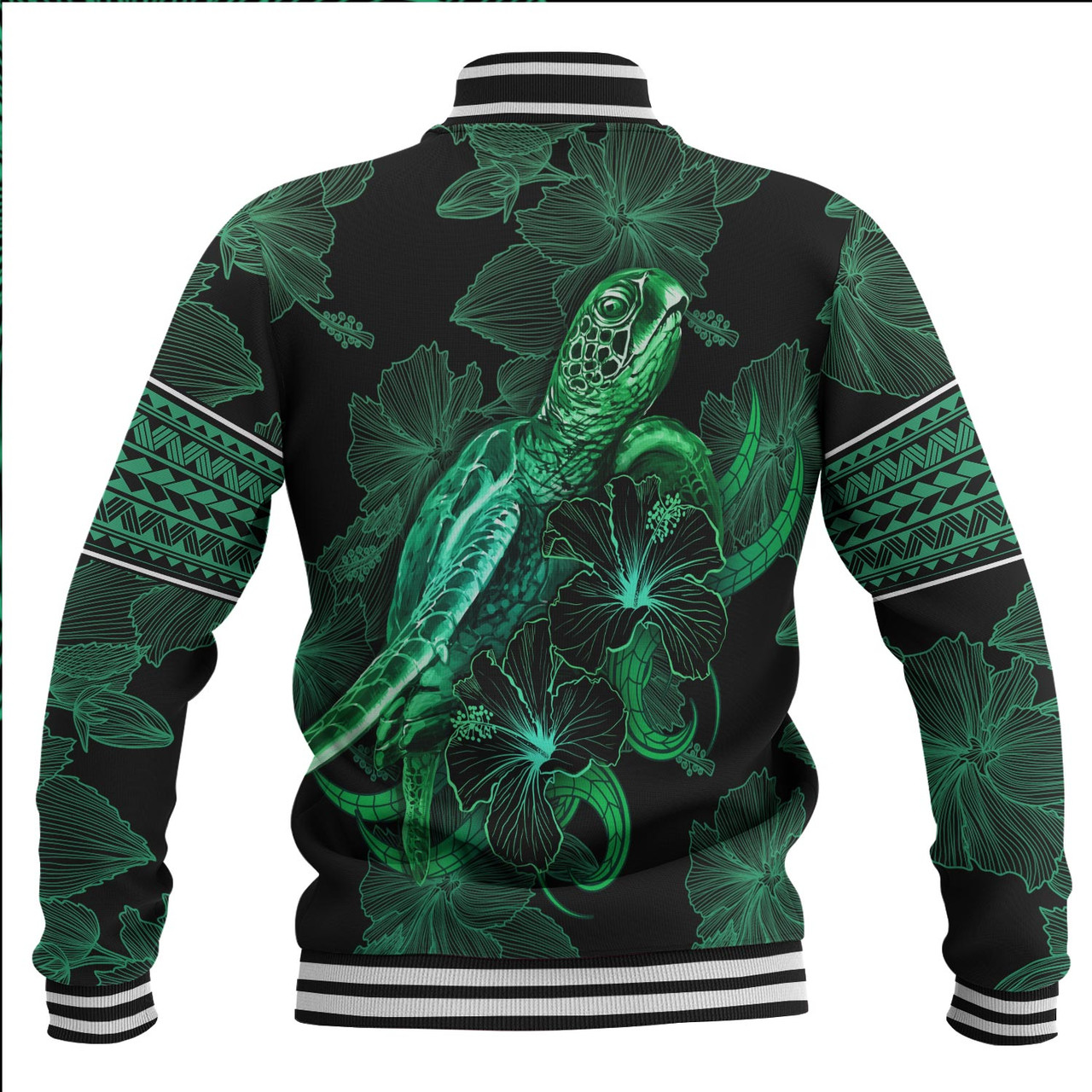 Tokelau Baseball Jacket  Sea Turtle With Blooming Hibiscus Flowers Tribal Green