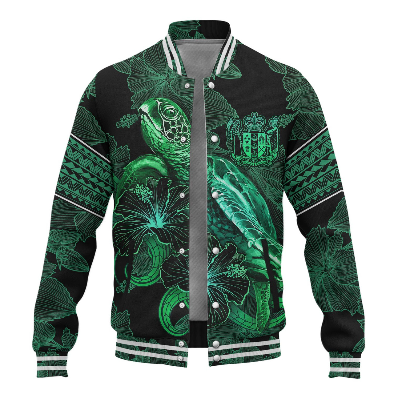 New Zealand Baseball Jacket  Sea Turtle With Blooming Hibiscus Flowers Tribal Green