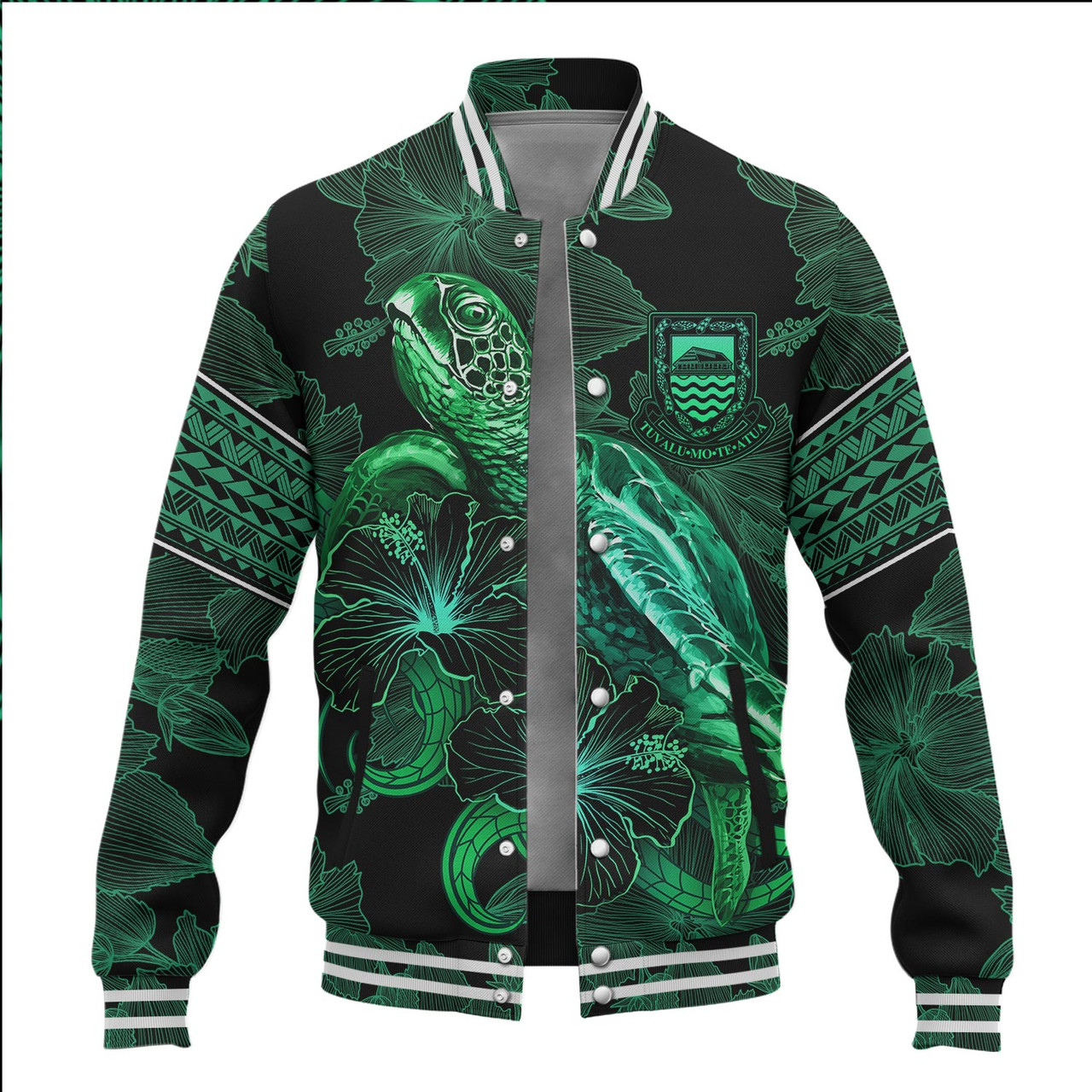 Tuvalu Baseball Jacket  Sea Turtle With Blooming Hibiscus Flowers Tribal Green