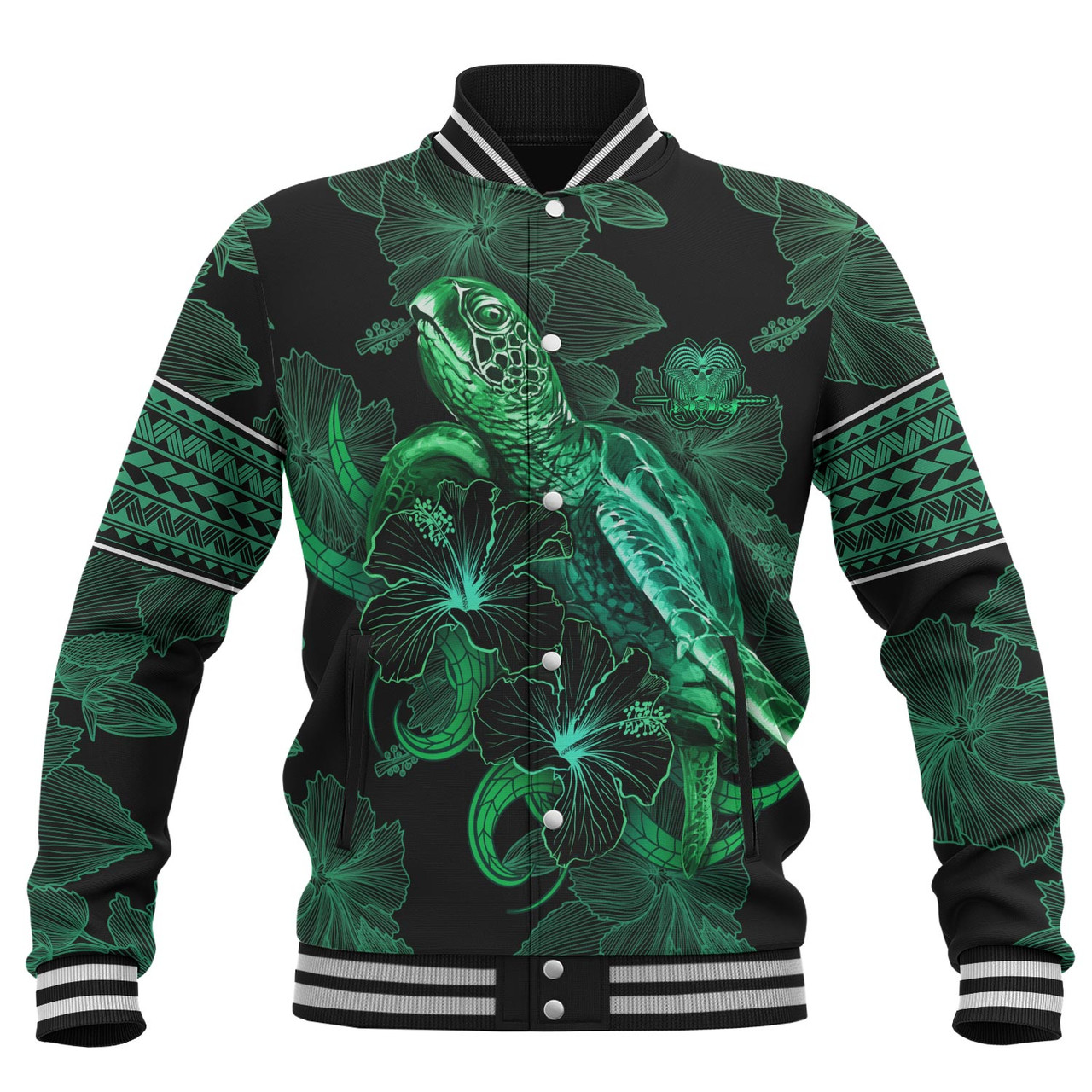 Papua New Guinea Baseball Jacket  Sea Turtle With Blooming Hibiscus Flowers Tribal Green