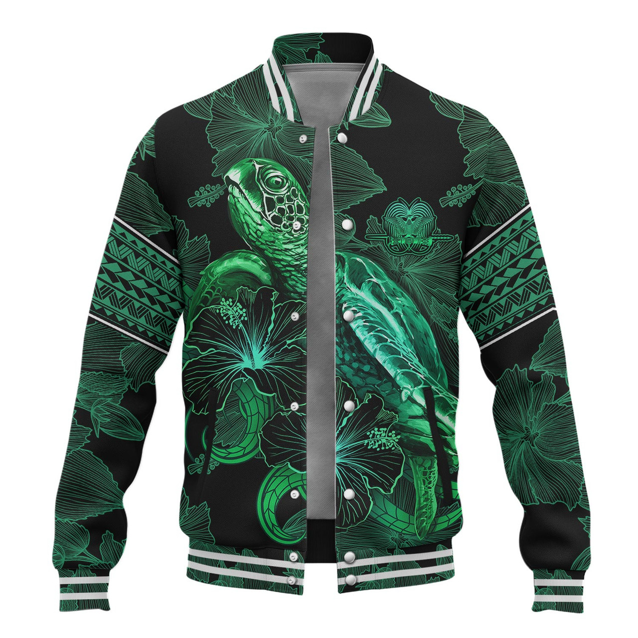 Papua New Guinea Baseball Jacket  Sea Turtle With Blooming Hibiscus Flowers Tribal Green
