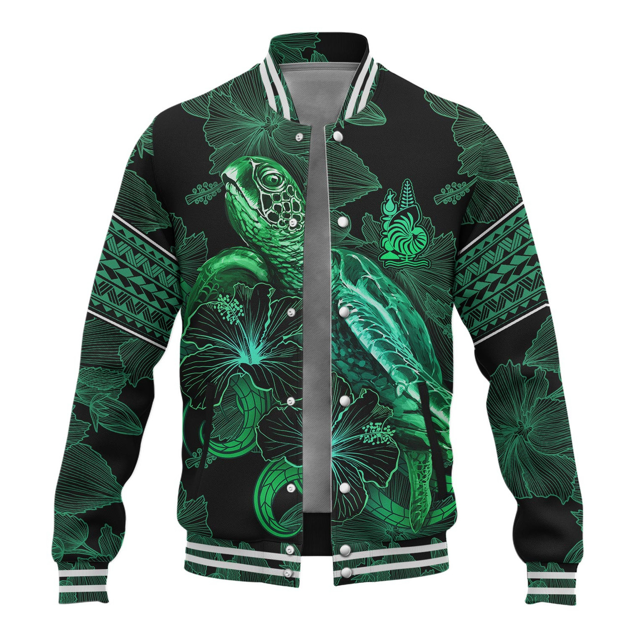 New Caledonia Baseball Jacket  Sea Turtle With Blooming Hibiscus Flowers Tribal Green
