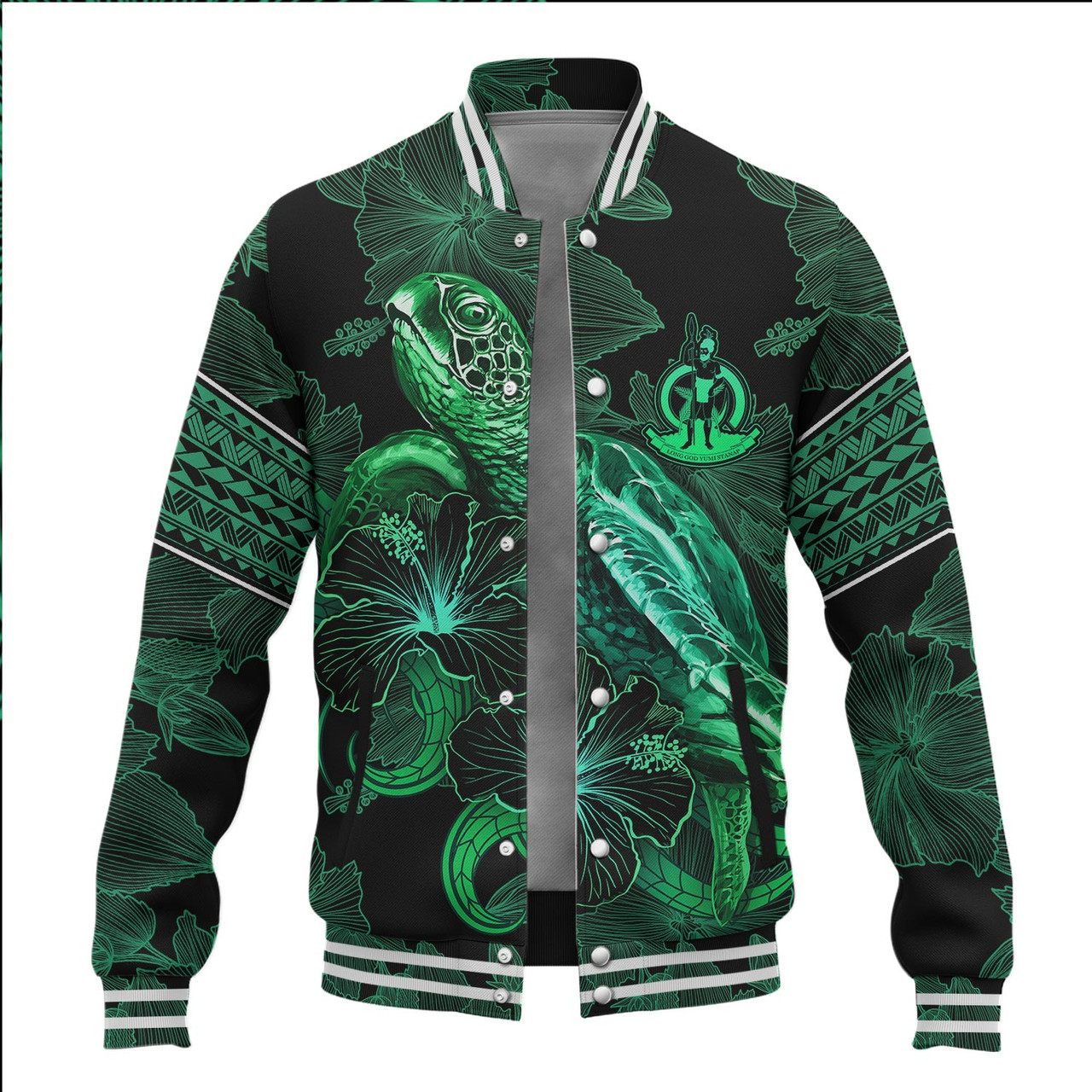 Vanuatu Baseball Jacket  Sea Turtle With Blooming Hibiscus Flowers Tribal Green