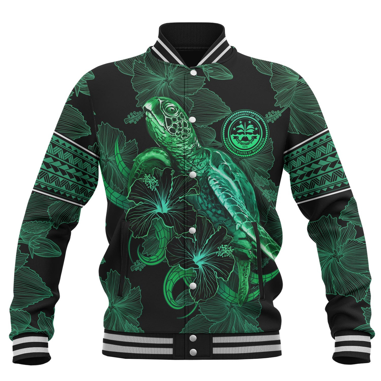 Federated States Of Micronesia Baseball Jacket  Sea Turtle With Blooming Hibiscus Flowers Tribal Green