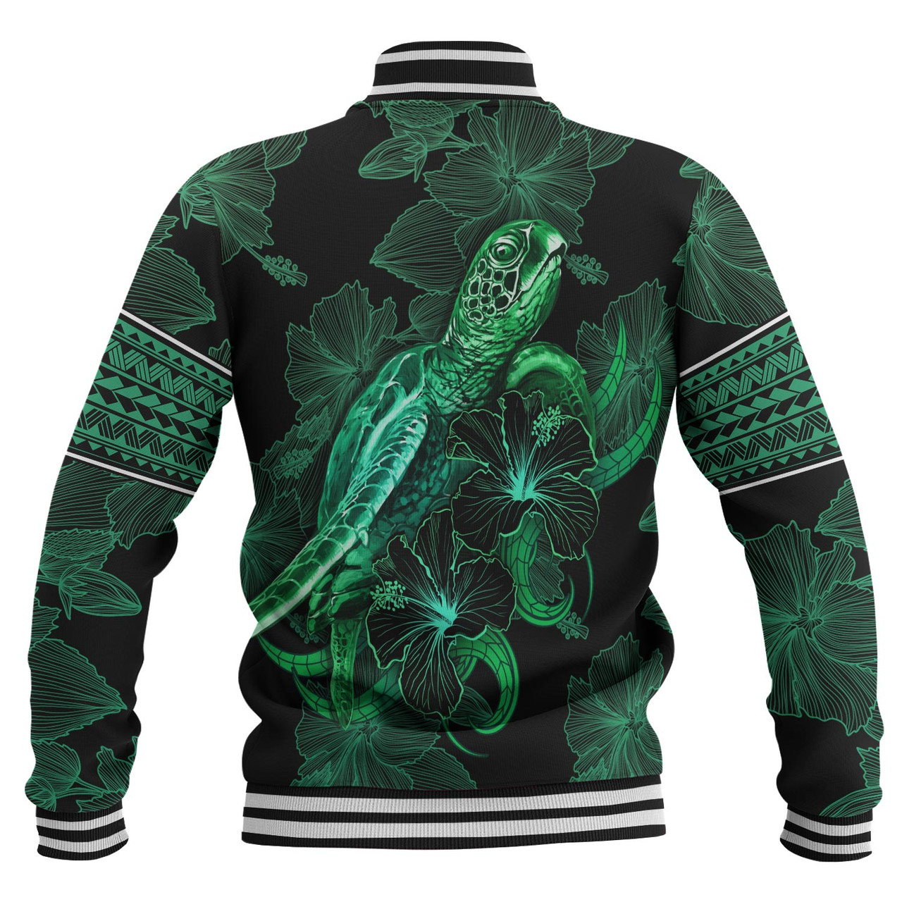 Guam Baseball Jacket  Sea Turtle With Blooming Hibiscus Flowers Tribal Green