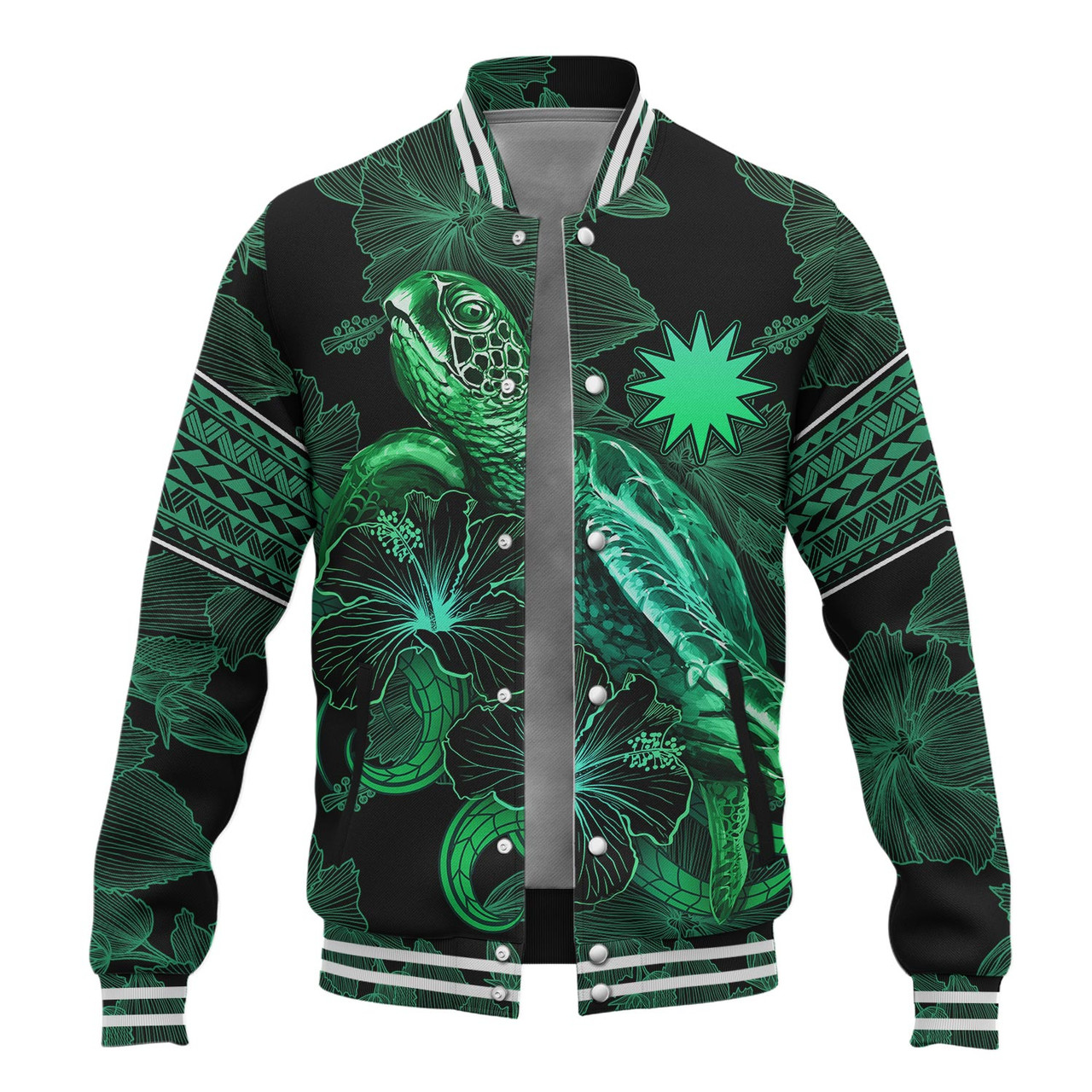 Nauru Baseball Jacket  Sea Turtle With Blooming Hibiscus Flowers Tribal Green